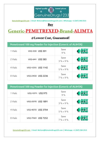 Buy Generic PEMETREXED Brand ALIMTA 500 mg Online