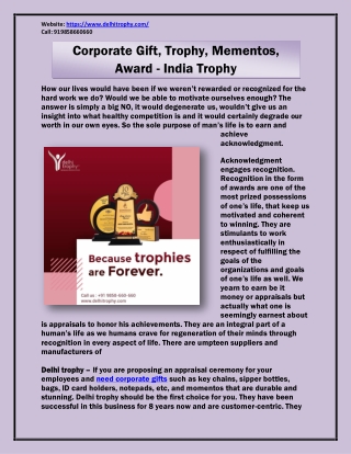 Corporate Gift, Trophy, Mementos, Award - India Trophy