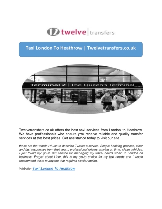 Taxi London To Heathrow | Twelvetransfers.co.uk