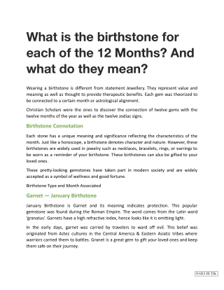 What is the birthstone for each of the 12 Months