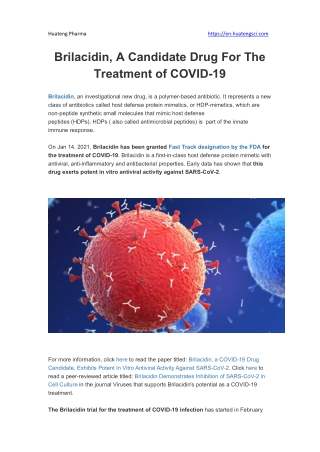 Brilacidin, A Candidate Drug For The Treatment of COVID-19 Huateng