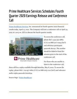 Prime Healthcare Services Schedules Fourth Quarter 2020 Earnings Release and Conference Call