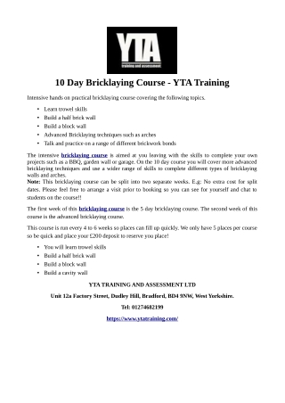 10 Day Bricklaying Course - YTA Training