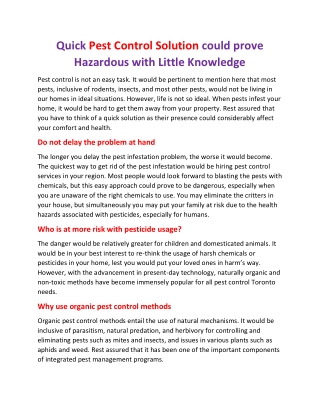 Quick Pest Control Solution could prove Hazardous with Little Knowledge