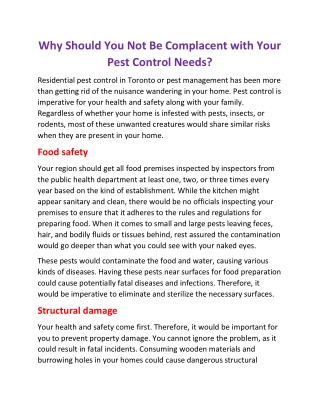 Why Should You Not Be Complacent With Your Pest Control Needs