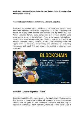 Blockchain - A Game Changer In On-Demand Supply Chain, Transportation, And Logistics Industry