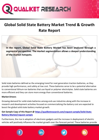 Global  Solid State Battery MarketMarket Size, Share, Trend, Growth, Application