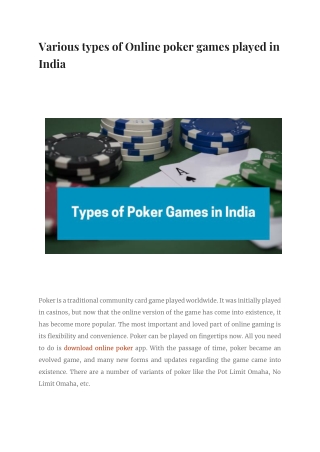 Various types of Online poker games played in India (2021)