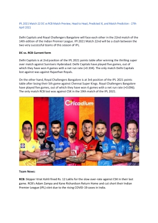 DC vs RCB Match Prediction Who Will Win Today IPL 2021 Match 22 – April 27 2021