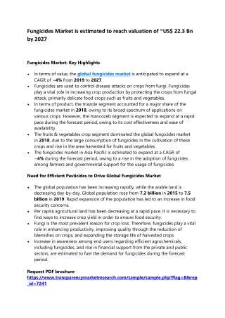 Fungicides Market is estimated to reach valuation of ~US$ 22.3 Bn by 2027