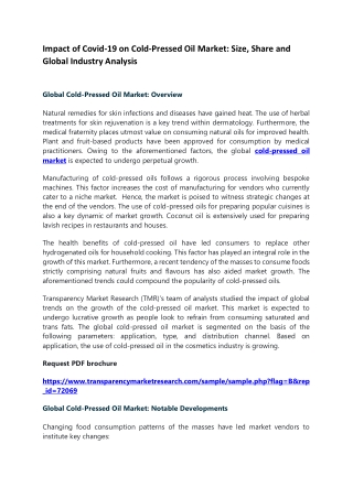 Impact of Covid-19 on Cold-Pressed Oil Market: Size and Share