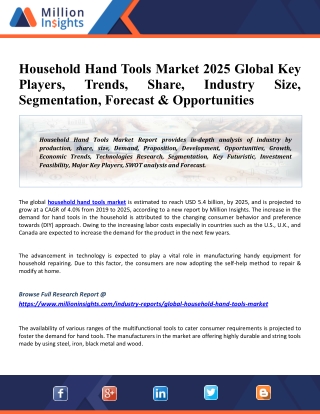 Household Hand Tools Market 2025 Size Estimation, Industry Share, Business