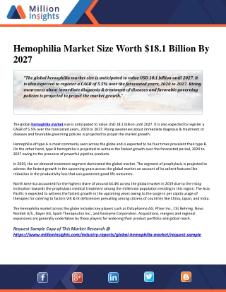 Hemophilia Market Size Worth $18.1 Billion By 2027