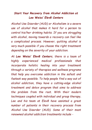 Start Your Recovery from Alcohol Addiction at Lee Weiss’ Elev8 Centers