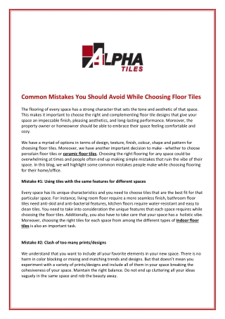 Top Mistakes While Choosing the Floor Tiles