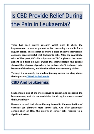 Is CBD Provide Relief During the Pain in Leukaemia
