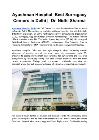 Ayushman Hospital Best Surrogacy Centers in Delhi |  Dr. Nidhi Sharma