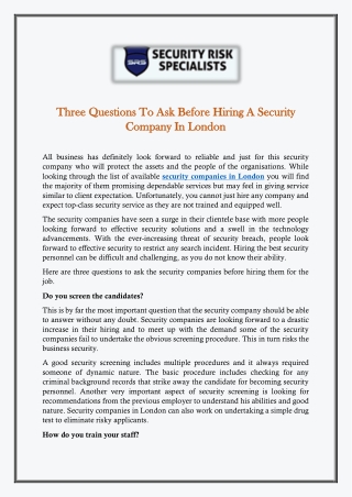 Three Questions To Ask Before Hiring A Security Company In London