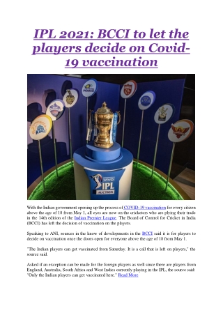 IPL 2021 BCCI to let the players decide on Covid-19 vaccination