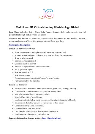 Multi User 3D Virtual Gaming Worlds -Jogo Global