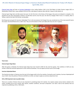 IPL 2021 Match 23 Chennai Super Kings vs Sunrisers Hyderabad Match Prediction for Today 28-Apr-2021