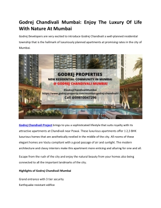 Godrej Chandivali Mumbai - Enjoy The Luxury Of Life With Nature