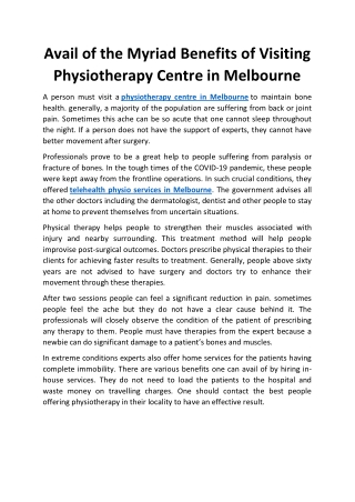 Avail of the Myriad Benefits of Visiting Physiotherapy Centre in Melbourne