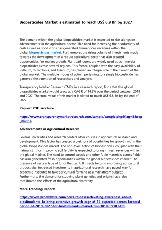 Biopesticides Market is estimated to reach US$ 6.8 Bn by 2027