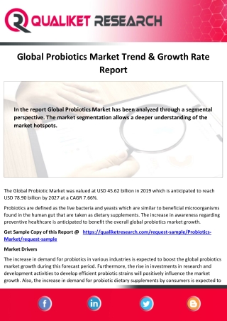 Global  Probiotics Market Assessment, Opportunities, Insight, Trends, Key Player