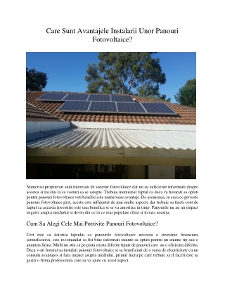 Care Sunt Avantajele Instalarii Unor Panouri Fotovoltaice