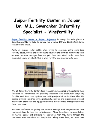 Jaipur Fertility Center in Jaipur, Dr. M.L. Swarankar Infertility Specialist - Vinsfertility