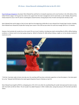 IPL News - Glenn Maxwell relishing RCB stint in the IPL 2021