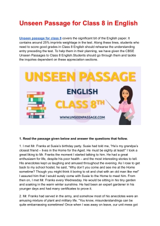 Unseen Passage for Class 8 in English  Latest Unseen passage