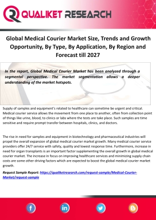 Global Medical Courier Market Size, Trends and Growth Opportunity, By Type, By Application, By Region and Forecast till