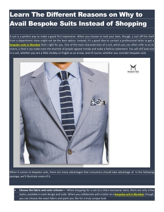 Learn The Different Reasons on Why to Avail Bespoke Suits Instead of Shopping