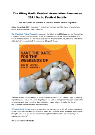 The Gilroy Garlic Festival Association Announces 2021 Garlic Festival Details