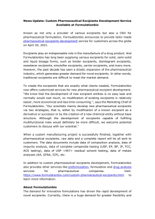 News Update Custom Pharmaceutical Excipients Development Service Available at Formulationbio