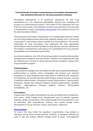 Formulationbio Provides Comprehensive Formulation Development and Analytical Services for the pharmaceutical Industry