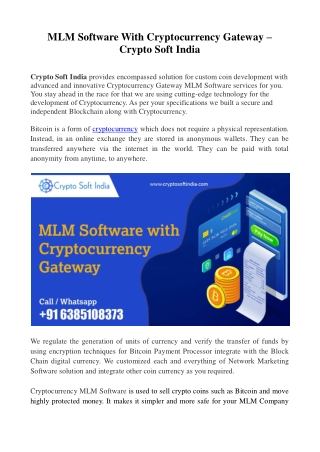 MLM Software With Cryptocurrency Gateway – Crypto Soft India