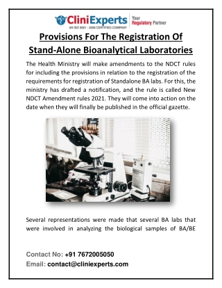 Provisions For The Registration Of Stand-Alone Bioanalytical Laboratories