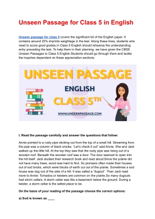 Unseen Passage for Class 5 in English