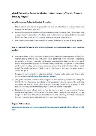 Metal Extraction Solvents Market: Latest Industry Trends, Growth and Key Players