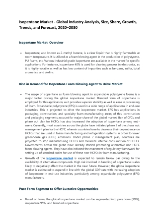 Isopentane Market - Global Industry Analysis, Size, Share, Growth, Trends