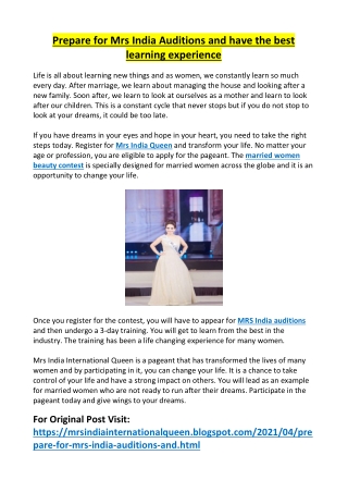 Prepare for Mrs India Auditions and have the best learning experience
