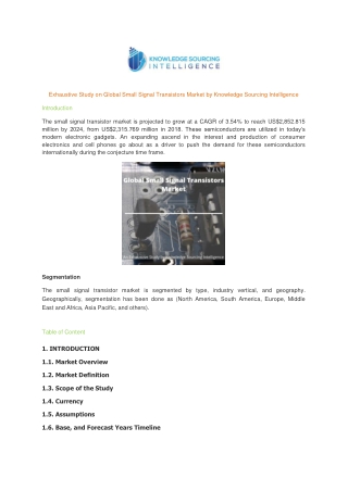 Exhaustive Study on Global Small Signal Transistors Market by Knowledge Sourcing Intelligence