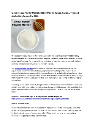Global Honey Powder Market Research Report 2021-2026
