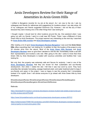 Arsis Developers Review for their Range of Amenities in Arsis Green Hills