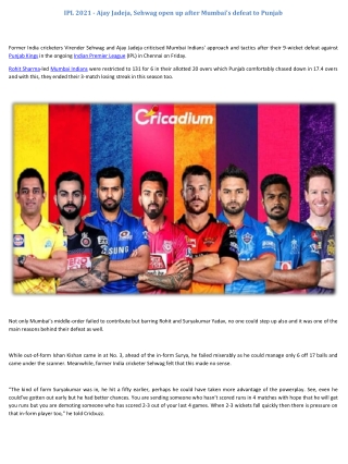 Ajay Jadeja, Sehwag open up after Mumbai’s defeat to Punjab - IPL 2021