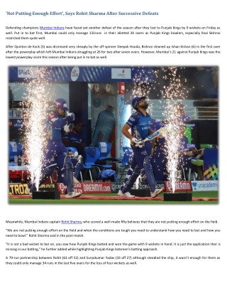 IPL - 2021 'Not Putting Enough Effort', Says Rohit Sharma After Successive Defeats